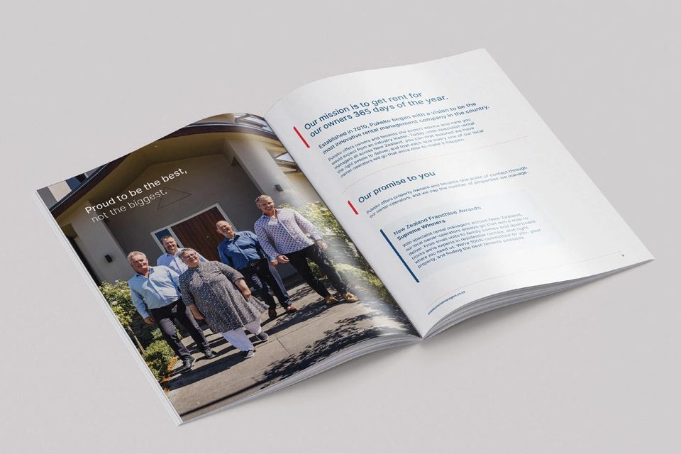 The Pukeko Rental Managers brochure open at the owner services pages.