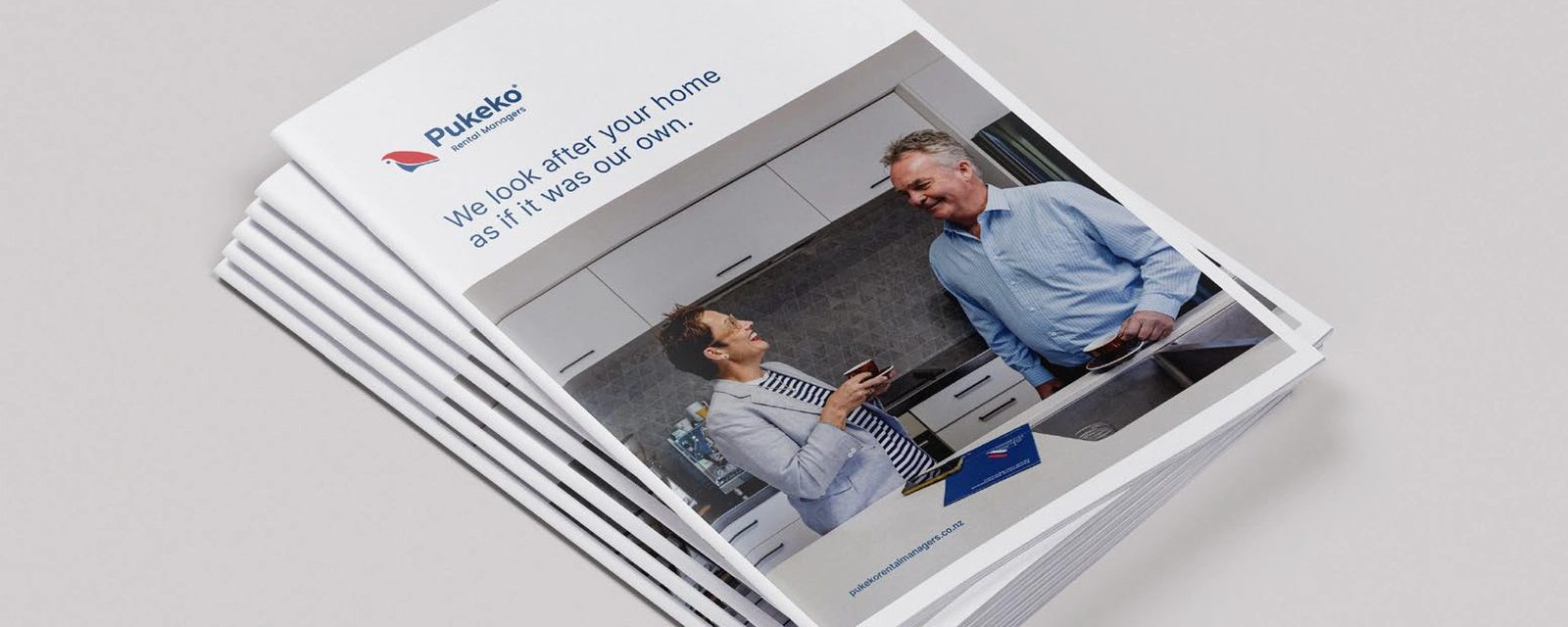 A stack of Pukeko Rental Managers brochures with the cover line We look after your home as if it was our own.